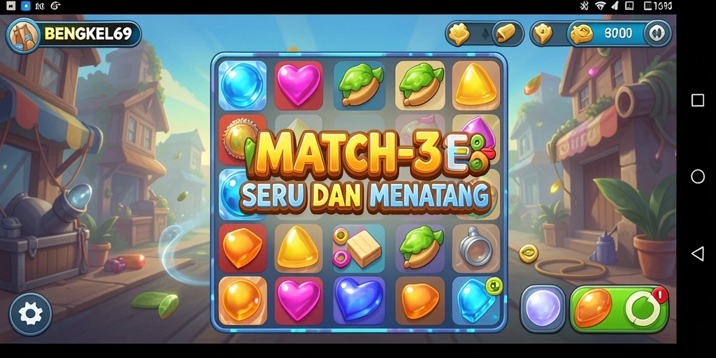 Tampilan menarik dari gameplay Match-3 BENGKEL69 dengan banyak warna.