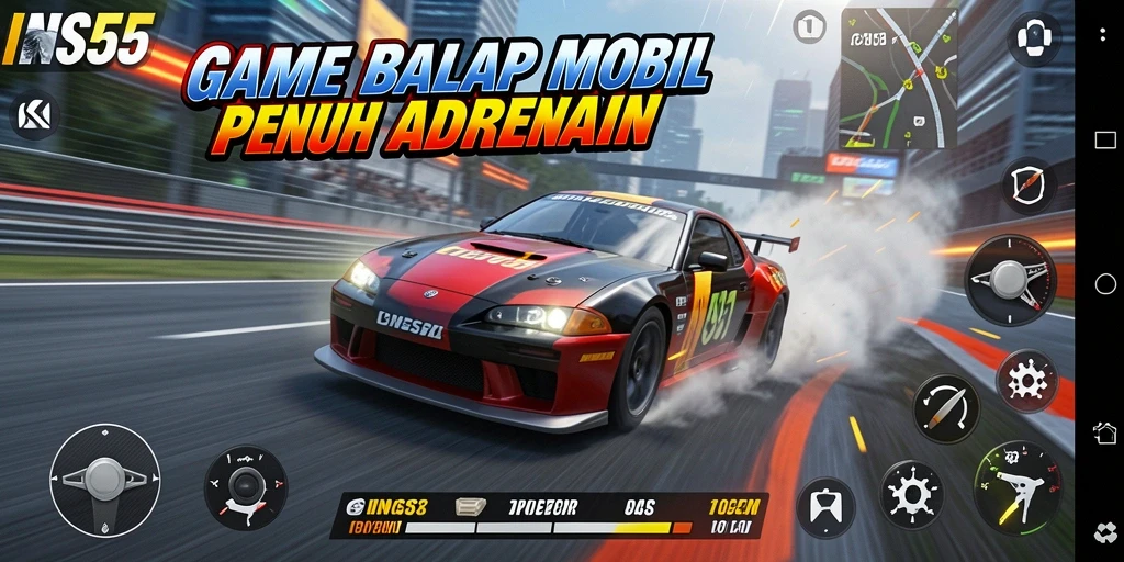 Screenshot gameplay menunjukkan momen balapan yang mendebarkan di INS55.