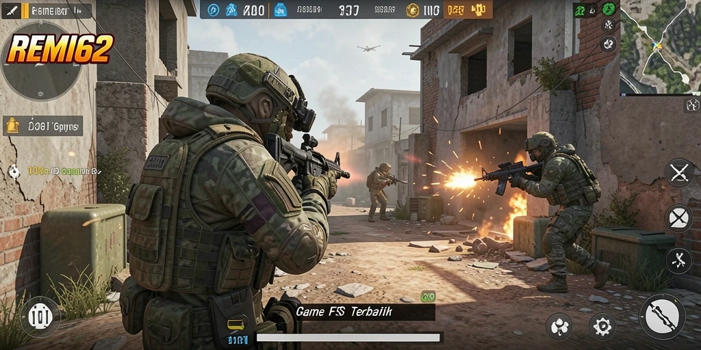 Screenshot gameplay intens di REMI62 menunjukkan aksi seru pertempuran FPS.