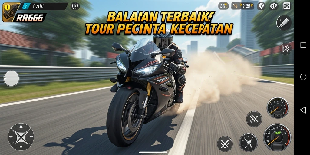 Gameplay RR666 menampilkan balapan motor yang seru dan cepat.